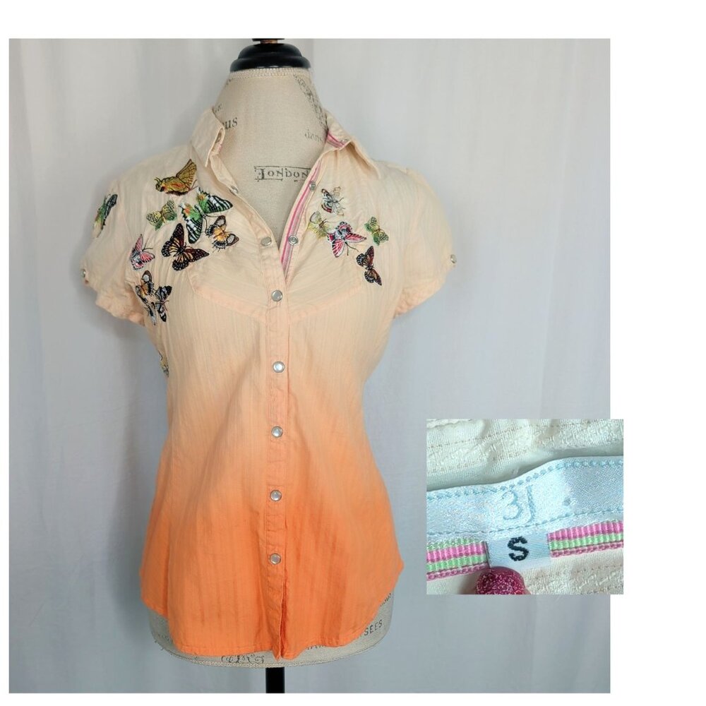 3J Johnny Was Button Down Small Embroidered Top Fitted Butterfly